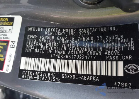 2007 Toyota Avalon Xl/Xls/Touring/Limited z USA, uszkodzony, nr VIN 4T1BK36B17U221747